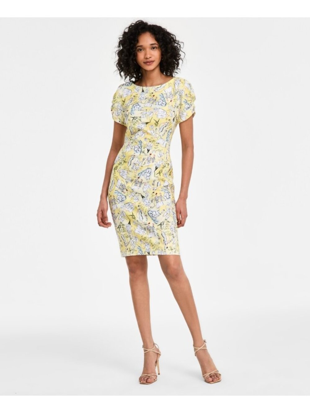 KARL LAGERFELD Women polyester Printed Ruched-Sleeve Dress Yellow Size 12 $128